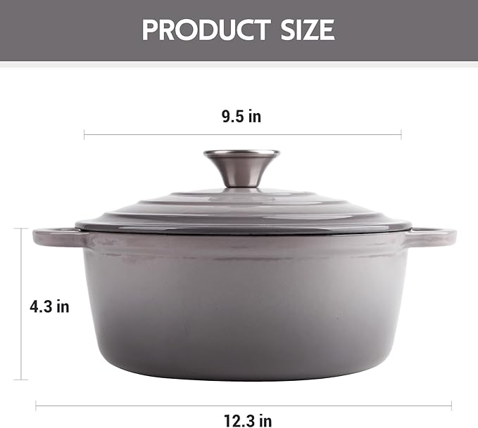 4.5 Quart Dutch Oven Enameled Cast Iron with Lid - Big Dual Handles - Oven Safe up to 500째F - Classic Round Pot for Versatile Cooking Light Gray