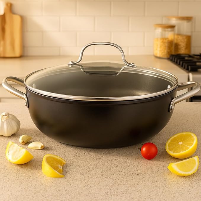 Cuisiland 11" Honeycomb Cast Iron Wok with Lid & Dual Handles ??Non-Stick Stir-Fry Pan, Stainless Steel Handles, Oven Safe, Classic Heat Retention for Steaming, Stir-Frying & Saut챕ing