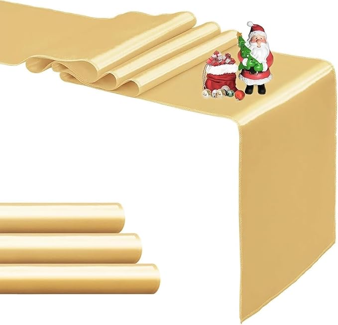 4-Pack Light Gold Satin Table Runner 12 x 108 Inch Long Bright and Smooth Silk Fabric Table Runner for Wedding Banquet Birthday Party Decoration