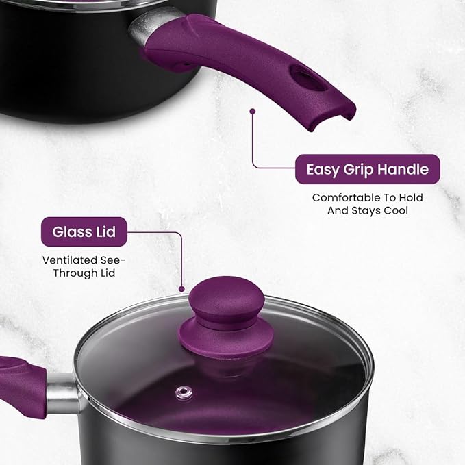 Chef?셲 Star Aluminum Pots and Pans Set for Kitchen - Nonstick Stackable Induction Cookware, 11 Pcs, Purple