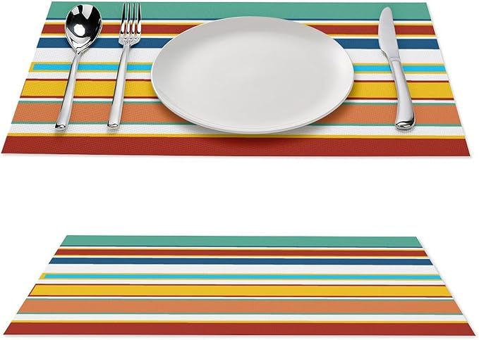 Modern Red Yellow Blue Teal Stripes Placemat, Set of 4 Heat Resistant PVC Place Mats for Kitchen Table