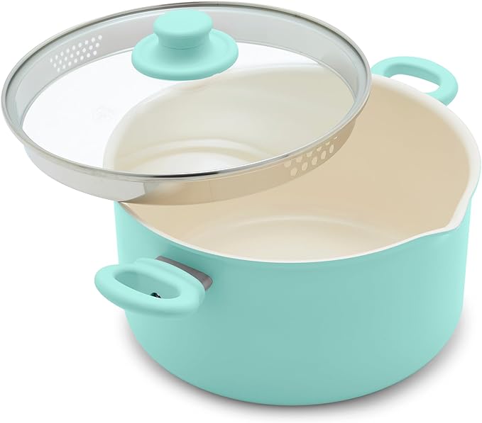 GreenLife 6QT Nonstick Stockpot with Straining Lid, Soft Grip, PFAS-Free Ceramic, Pour Spout, Multipurpose Cooking Pot, Sauces & Soups, Milk Pan, Stay-Cool Handles, Dishwasher & Oven Safe, Turquoise