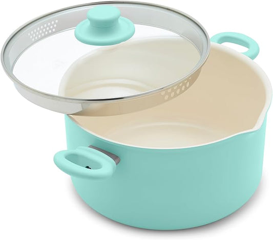 GreenLife 6QT Nonstick Stockpot with Straining Lid, Soft Grip, PFAS-Free Ceramic, Pour Spout, Multipurpose Cooking Pot, Sauces & Soups, Milk Pan, Stay-Cool Handles, Dishwasher & Oven Safe, Turquoise