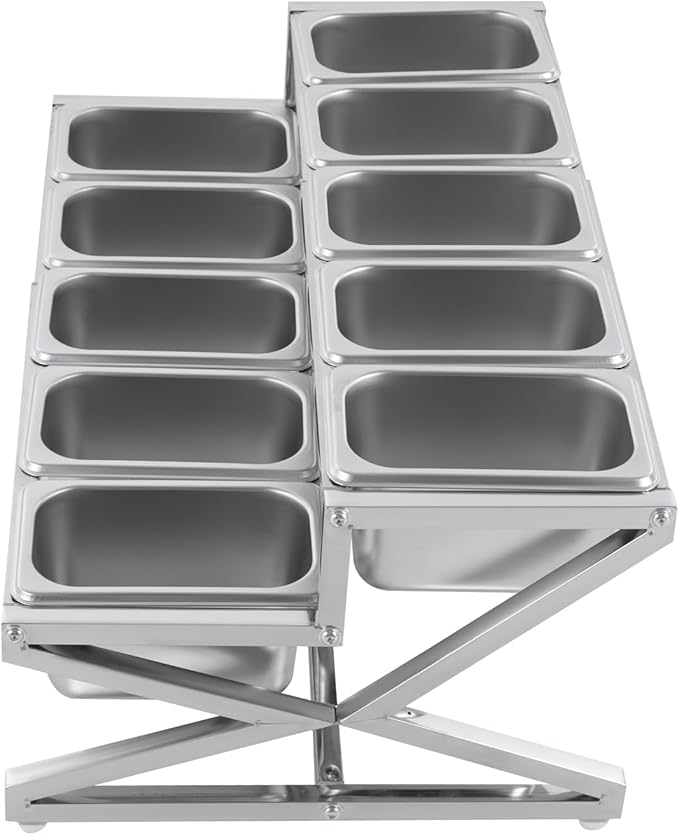 Expandable Stainless Steel Spice Rack Organizer with 10 (1.59 Qt) Lidded Pans, Adjustable 14-25.6 Inch 2-Tier Shelf for Kitchen Counter, Cabinet & Commercial Use