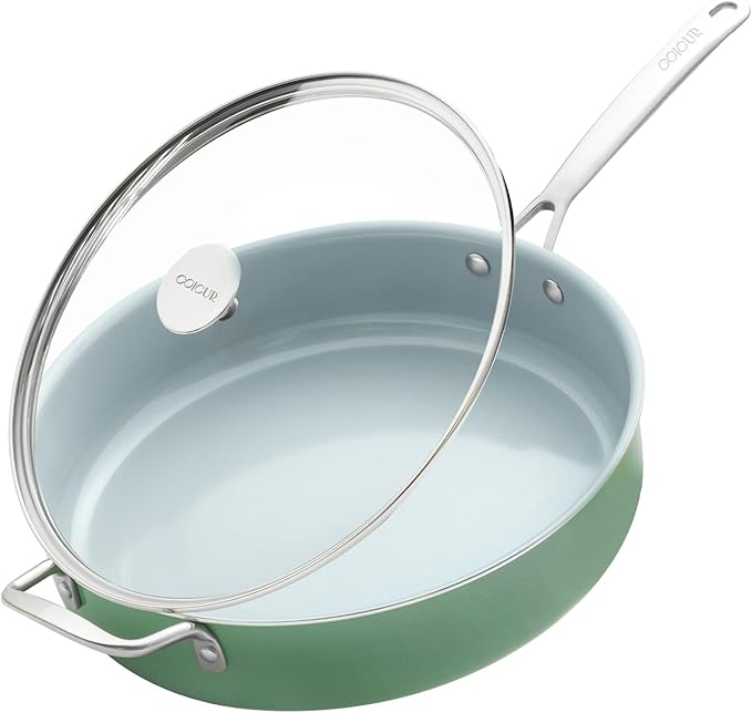 Nonstick Saut챕 Pan with Lid 5 QT Deep Frying Pan with Stainless Steel Helper Handle 12 inch Large Skillet Ceramic Jumbo Cooker for Healthy Cooking, Induction Compatible Cookware, PFOA Free