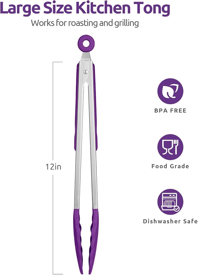 600쨘F Heat Resistant Kitchen Tongs: U-Taste 12 inch Large Silicone Cooking Tong with Sturdy Non Stick Rubber Tips & Silicon Coated 18/8 Stainless Steel Handle & Smooth Locking for Serving Grill-Purple