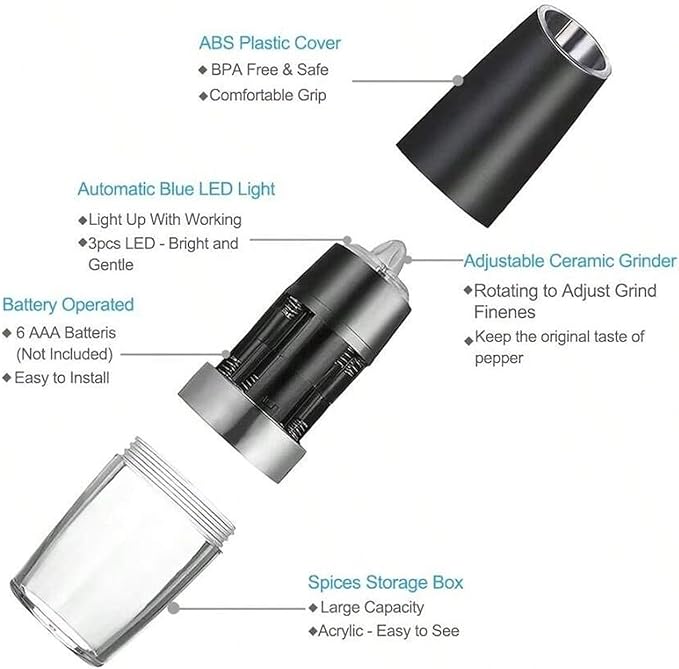 Gravity Electric Salt and Pepper Grinder Set - 2 Pack Automatic Mills with Adjustable Coarseness, LED Light, Battery Powered, One-Handed Use (Black) (Black+Black (Includes Cleaning Brush))