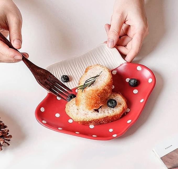 Mushroom Snack Plate, 8 in Polka Dot Safety Ceramic Dessert Appetizer Plates, Cute Sushi Dinner Plates, Pasta & More.