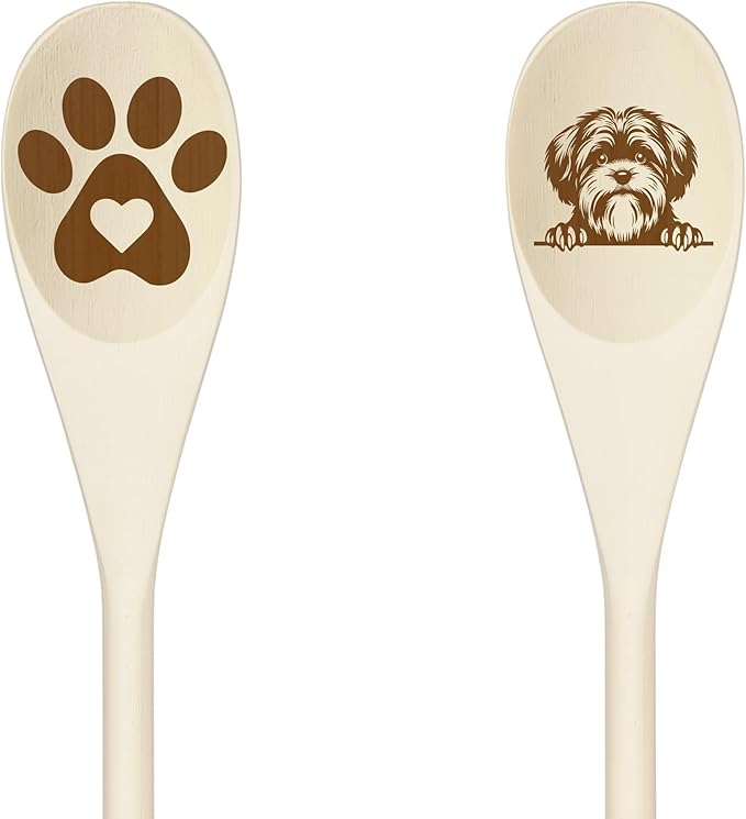LOWCHEN Wooden Spoons for Cooking, Serving or Decorative Kitchen Utensils Set Dog Lover Dog Mom/Dad Gift with Peeking Dog Designs, Paw Print and Dog Head, Kitchen Utensils Set of 2