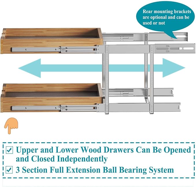 OCG 2 Tier Pull Out Cabinet Organizer (17"W x 21"D), Double Tier Slide out Wood Drawer Shelf, Pull Out Shelves for Base Cabinet Organization in Kitchen, Pantry, Bathroom