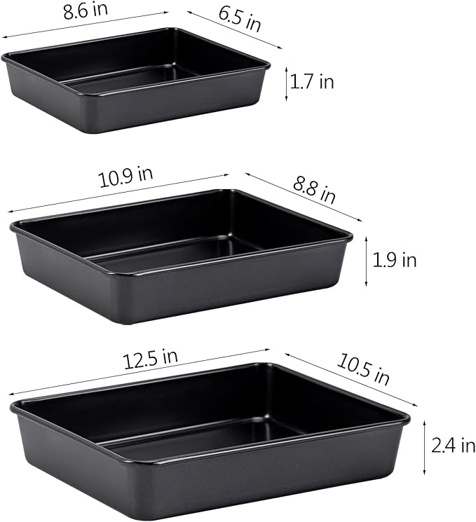 CAMOFOXIN Nonstick Roasting Pan, Deep Baking Pan Set, Large Cake Pan Sets for Oven, 3-Piece Brownie Pan （Black）