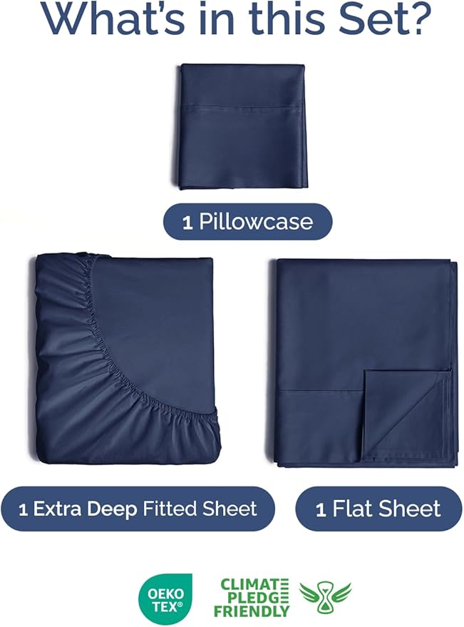 Extra Deep Pocket Twin Sheets - 3 Piece Breathable & Cooling Bed Sheets - Hotel Luxury Bed Sheet Set - Soft, Wrinkle Free & Comfy - Easily Fits Extra Deep Mattresses - Deep Pocket Navy Blue Sheets Set