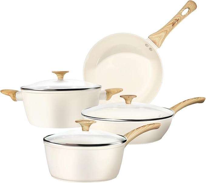 FELAMP Healthy Ceramic Nonstick Cookware Set, 7-Piece PFOA/PFOS/Toxin-Free Pots & Pans Set for Induction & All Stovetops, Dishwasher Safe with Glass Lids竊똆ift for New Home & Chefs