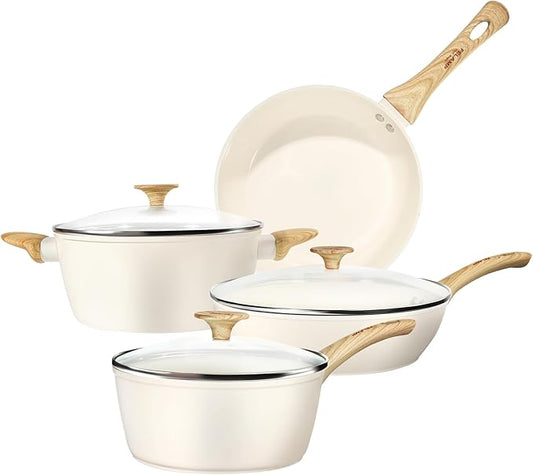 FELAMP Healthy Ceramic Nonstick Cookware Set, 7-Piece PFOA/PFOS/Toxin-Free Pots & Pans Set for Induction & All Stovetops, Dishwasher Safe with Glass Lids竊똆ift for New Home & Chefs