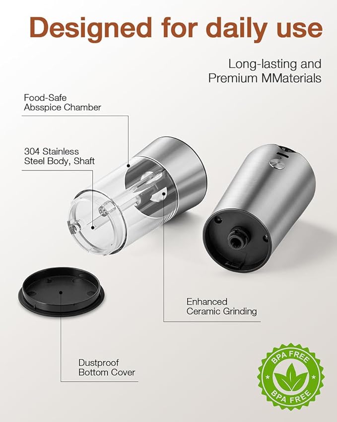 Electric Salt and Pepper Grinder Set, Gravity Operated, USB-C Rechargeable & Charging Base, Stainless Steel, Dual LED Guiding Lights, Comfortable Grip, Adjustable Coarseness, Perfect for Kitchen