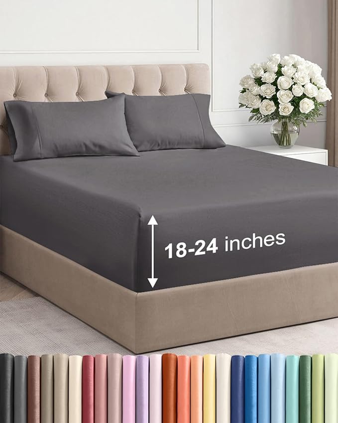 Extra Deep Twin XL Sheet Set - 4 Piece Breathable & Cooling Sheets - Hotel Luxury Bed Sheets Set - Easy & Secure Fit - Soft, Wrinkle Free & Comfy Sheets Set - Grey Sheet Set with Extra Deep Pockets