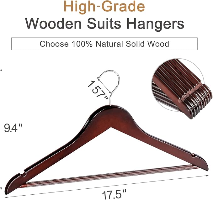 TOPIA HANGER Wooden Coat Hangers 30 Pack, Cherry Wood Suit Hangers with Non Slip Pants Bar, 360째 Swivel Hook and Shoulder Notches for Camisole, Jacket, Pants, Smooth Finish Clothes Hangers - CT34M30