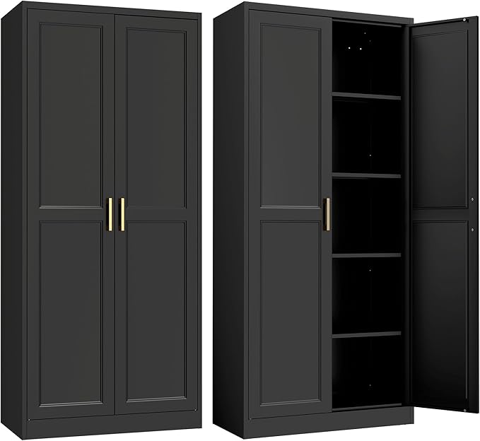 Kitchen Pantry Cabinet,71?쒫lack Metal Pantry Storage Cabinet with Doors and 4 Adjustable Shelves,Kitchen Cabinet with 2 Gold Handles,Tall Cabinet for Livingroom,Pantry, Bathroom