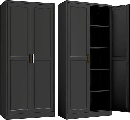 Kitchen Pantry Cabinet,71?쒫lack Metal Pantry Storage Cabinet with Doors and 4 Adjustable Shelves,Kitchen Cabinet with 2 Gold Handles,Tall Cabinet for Livingroom,Pantry, Bathroom