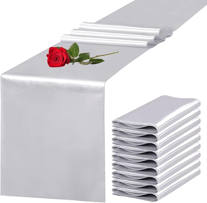 Yblut 10 Pack Satin Table Runner 12 x 108 Inch Long Silver Silk Table Runner for Wedding Party Banquet Birthday Decoration