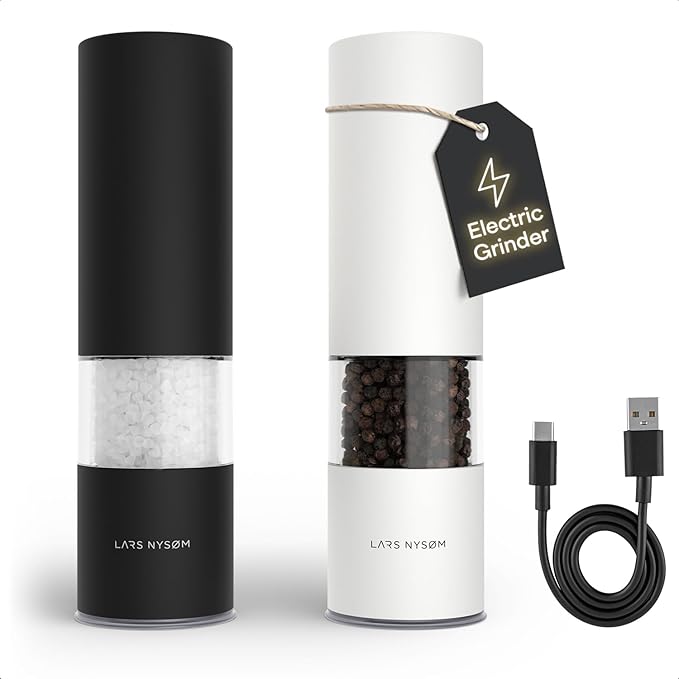 LARS NYS횠M Electric Salt and Pepper Grinder Set I Automatic Salt and Pepper Mills with Adjustable Ceramic Grinder I USB Rechargeable Electric Spice Mill Set with LED Light (Black/White)