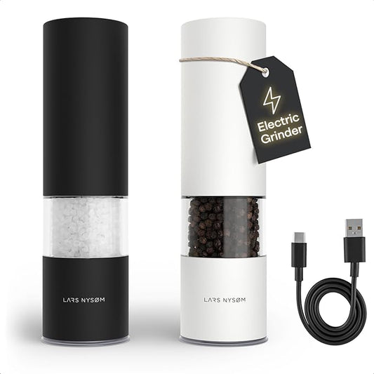 LARS NYS횠M Electric Salt and Pepper Grinder Set I Automatic Salt and Pepper Mills with Adjustable Ceramic Grinder I USB Rechargeable Electric Spice Mill Set with LED Light (Black/White)