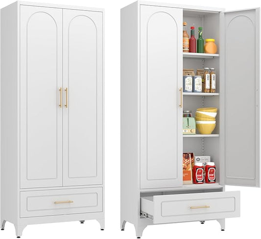 White Pantry Cabinet with Drawer, 75 Inch Tall Kitchen Cabinet, Metal Storage Cabinets with Doors and Shelves, Steel Food Pantries, Large Freestanding Cupboard for Dining Room-Assemble Required