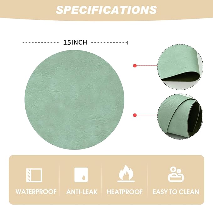 Artoid Mode Sage Faux Leather Placemats Set of 4, 15 Inch Waterproof Wipeable Heat Resistant Place Mats, Reversible Table Mats for Spring Kitchen Dining Decor