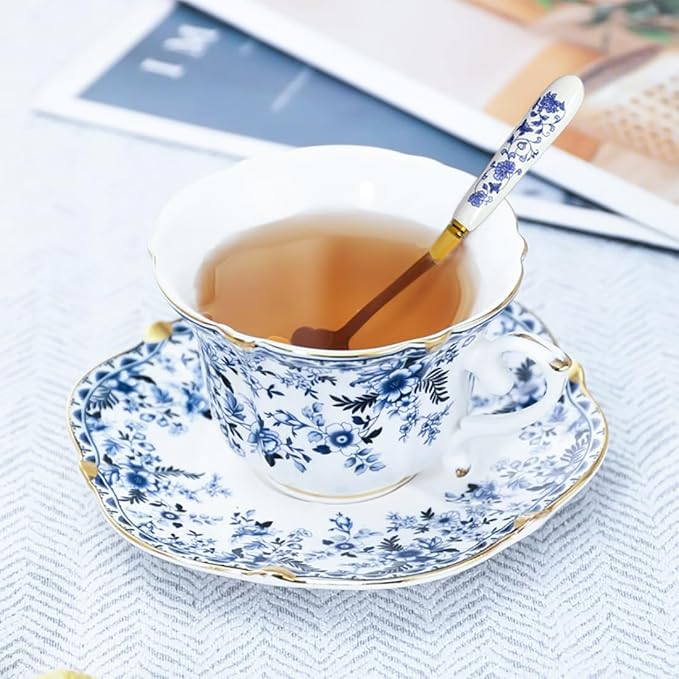 Noviko Ceramic Tea Cups and Saucers Set Vintage Floral Teacup for Women (2, Blue)