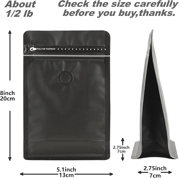 110 Pack High Barrier Stand-Up Coffee Bean Bags with Vented Valve, Matte Metallic, Heat-Sealable and Resealable Solid Color Pouches for Food Storage (5.1 * 8 inch,1/2 lb,8 oz,Black)