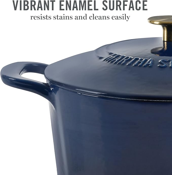 MARTHA STEWART Gatwick 7-Quart Enamel Cast Iron Dutch Oven Pot with Lid ??Navy Blue with Gold Knob ??Durable Heavy-Duty Dutch Oven for Slow Cooking & Braising