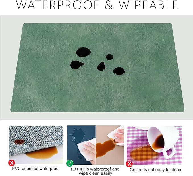 Faux Leather Reusable Placemats for Dining Table Set of 4,12"x17",Waterproof&Stain Resistant Table Mats,Wipeable&Heat-Resistant,Non-Slip for Patio Kitchen Table and Kids (Avocado Green)
