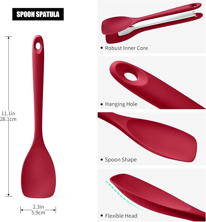 Doosu Silicone Spoon Spatula, 600쨘F Heat-Resistant Food Grade Rubber Spoonula with Seamless Design, Non-Stick Flexible Scraper Kitchen Cooking Spoon Baking Tool for Mixing, Scraping (Red)