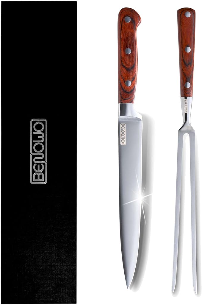 Benowo Carving Knife Set 2-Piece, 8-inch Turkey Carving Knife and Fork Set Stainless Steel Kitchen Knife for Steak, Hibachi Knife and Fork, BBQ Carving Fork with Gift Box ??Designed in USA