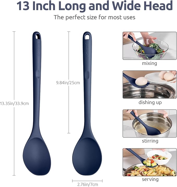 600쨘F Heat Resistant Silicone Spoon: U-Taste 13.3in Solid Kitchen Cooking Spoon, Nonstick Food Grade Large Soup Rubber Utensil for Mixing, Serving, Stirring, Basting, for Pot Cookware (Midnight Blue)