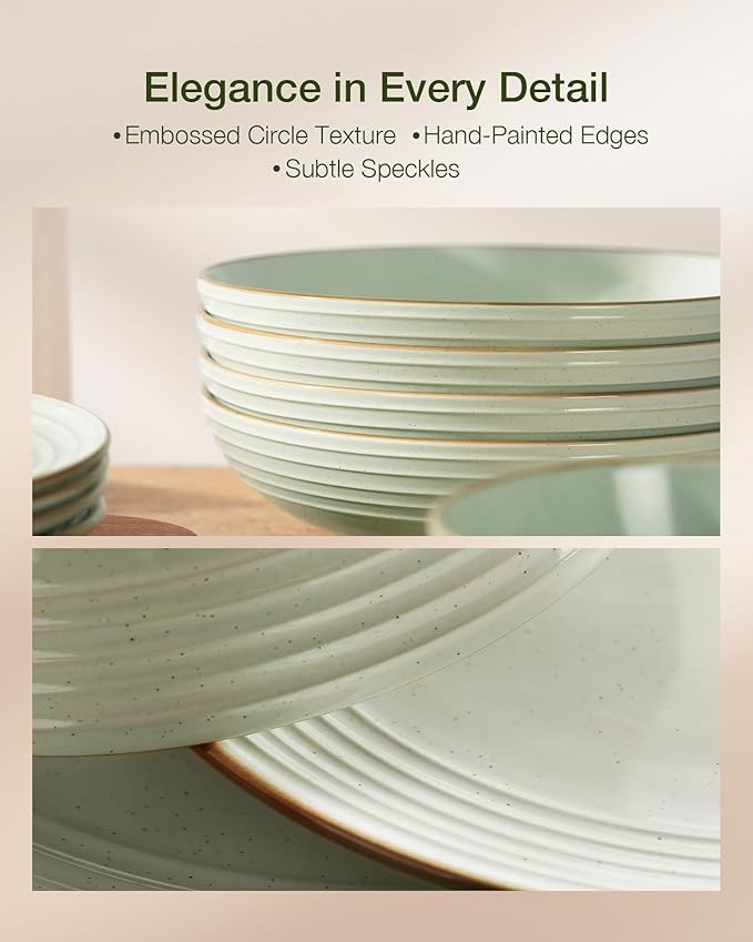 Famiware Jupiter Dinnerware Set, Plates and Bowls Dish Sets for 4 (12 Pieces), Speckled Stoneware Tableware wtih Trim - Microwave and Dishwasher Safe, Chip and Scratch Resistant, Light Green