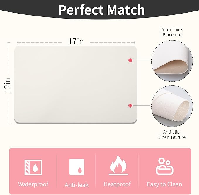 Maxpearl Faux Leather Placemats Set of 6 - Waterproof - Wipe Clean - Heat Resistant - Anti Slip Dining Table Place Mats, Suitable for Indoor & Outdoor Use, 17?쇺셹12?쇺? Ivory White