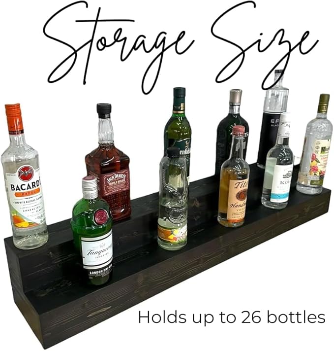 2 Tiered Countertop Liquor Bottle Display Shelf ??Holds 26 Bottles Bar Organizers for Wine & Whiskey ??Free Standing Bottle Stand for Home, Bar Decor ??Wooden Kitchen Counter Shelf, Black