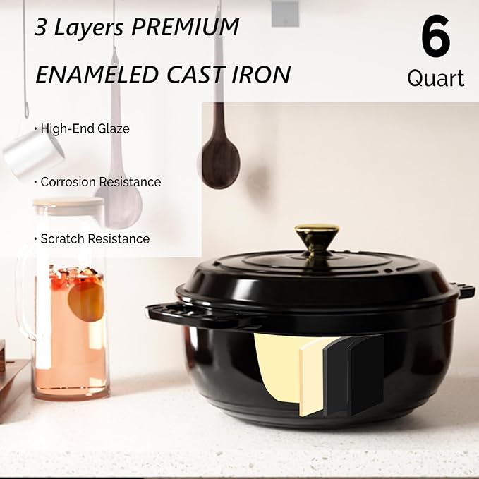 VINGLI 6QT Enameled Cast Iron Round Dutch Oven Pot with Lid, NonStick Casserole Pot with Dual Handles & Silicone GlovesRed, Oven Safe up to 500째F or on Stovetop, Dutch Oven for Bread Baking, Black