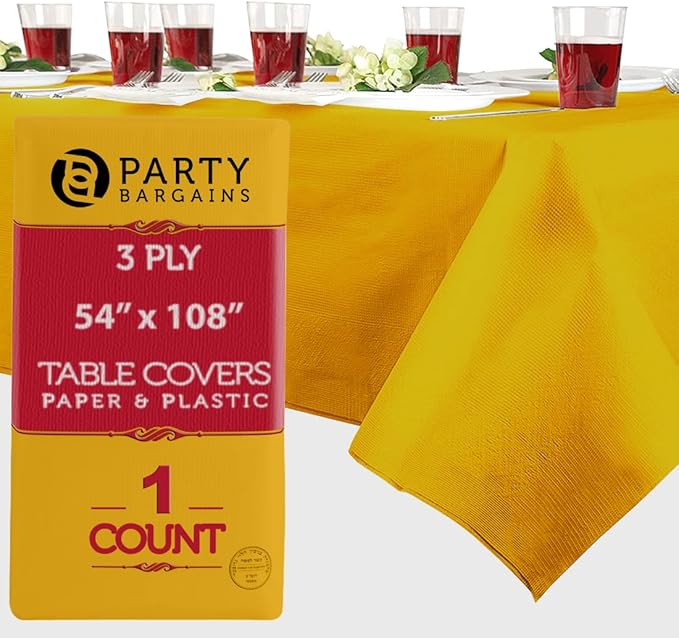 PARTY BARGAINS Disposable Table Covers, 54 x 108 Inch, Yellow, 3-Ply Paper & Plastic Spill-Resistant Party Tablecloths, 1 Pack