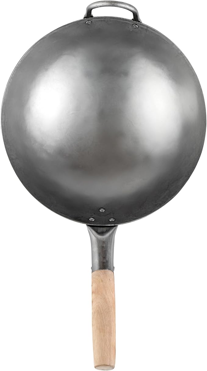 Motomori 12 Inch Hand-Hammered Carbon Steel Wok, 1 Traditional Japanese Wok - Round Bottom, Wooden Handle, Black Carbon Steel Traditional Stir Fry Pan, With Helper Handle - Restaurantware