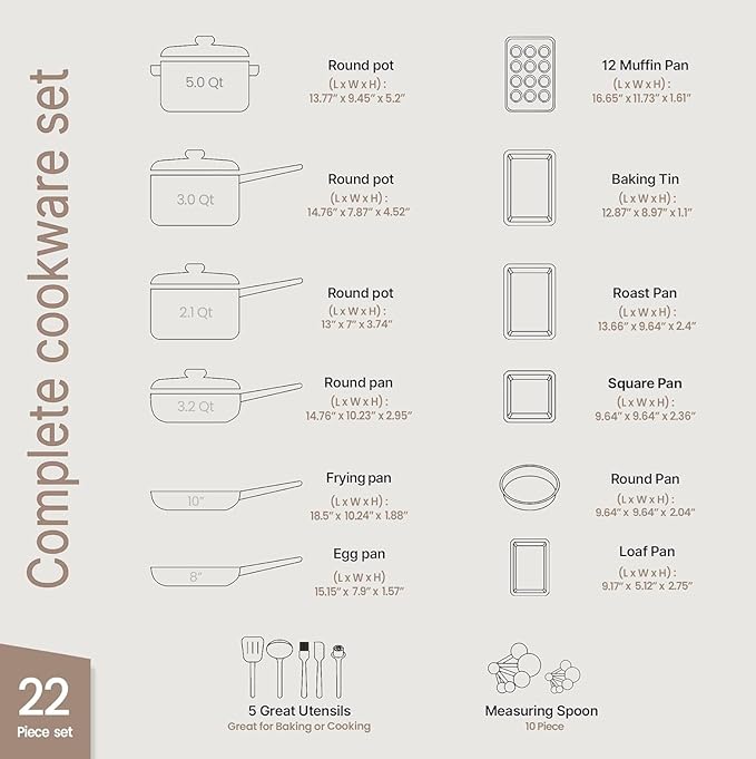 Pots and Pans Set, 22-Piece Non Stick Cookware & Bakeware Sets with Plaid Pattern, Stackable Design, Dishwasher Safe, Stain-resistant, Oven & All-Stove Safe, Tempered Glass Lid, Dark Gray
