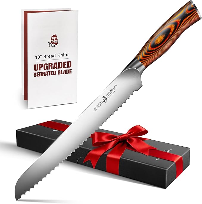 TUO Bread Knife, 10 inch Upgraded Serrated Knife for Homemade Sourdough Bread, High Carbon German Steel with Pakkawood Handle, Gift Box - Fiery Phoenix Series