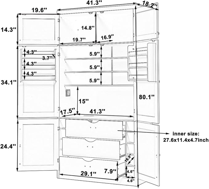 Ball & Cast 80?쿟all Freestanding Kitchen Pantry Cabinet with 2 Power Outlets & 3 Large Drawers,41" W Versatile Farmhouse Pantry Storage Cabinet w/Adjustable Shelves and Door Shelves,for Kitchen,Gray