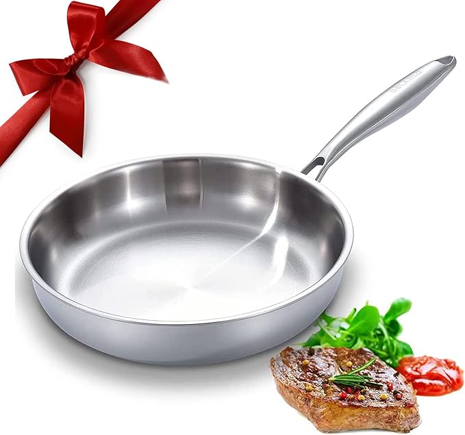 DELARLO Tri-Ply Stainless Steel Frying Pan, All Cooktops Compatible Up to 600?? Oven Safe Induction Skillet, 12.5 inch Non toxic Cooking Surface, Fast & Even Heat, Durable Cookware