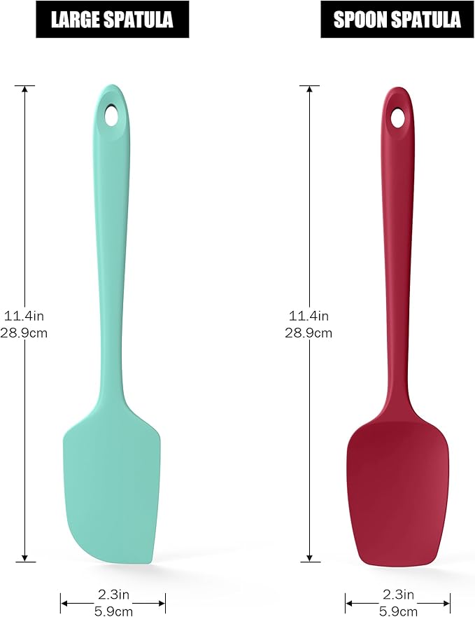 Doosu Silicone Scraper Spoon Spatulas, 600째F Heat Resistant BPA Free Rubber Flat Spatula, Kitchen Mixing Stirring Cooking Spoonula, Non-Stick Dishwasher Safe Baking Supplies (2 Pcs, Aqua+Red)