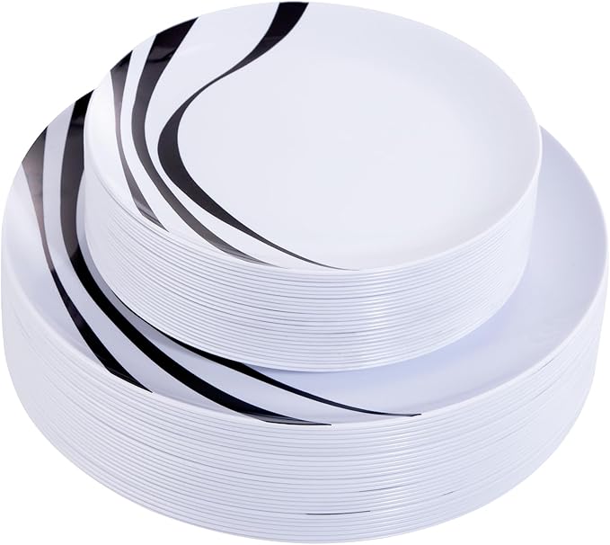 EI 60pcs Black and White Plastic Plates for Party,Black Rim Disposable Plates,Fancy Plastic Dinner Plate,Disposable Dessert Plate for Famiily Event,Wedding,Afternoon Tea,Business Events,Hotel