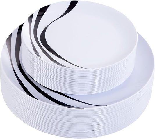 EI 60pcs Black and White Plastic Plates for Party,Black Rim Disposable Plates,Fancy Plastic Dinner Plate,Disposable Dessert Plate for Famiily Event,Wedding,Afternoon Tea,Business Events,Hotel