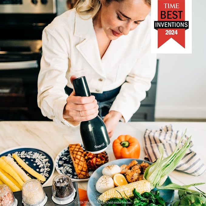 FinaMill?셲 Award-Winning Battery Operated Salt and Pepper Grinder Set ??Adjustable Coarseness, Ceramic Grinding Elements, LED Light, 2 Quick-Change Pods ??Perfect for Home Cooking and Gifting