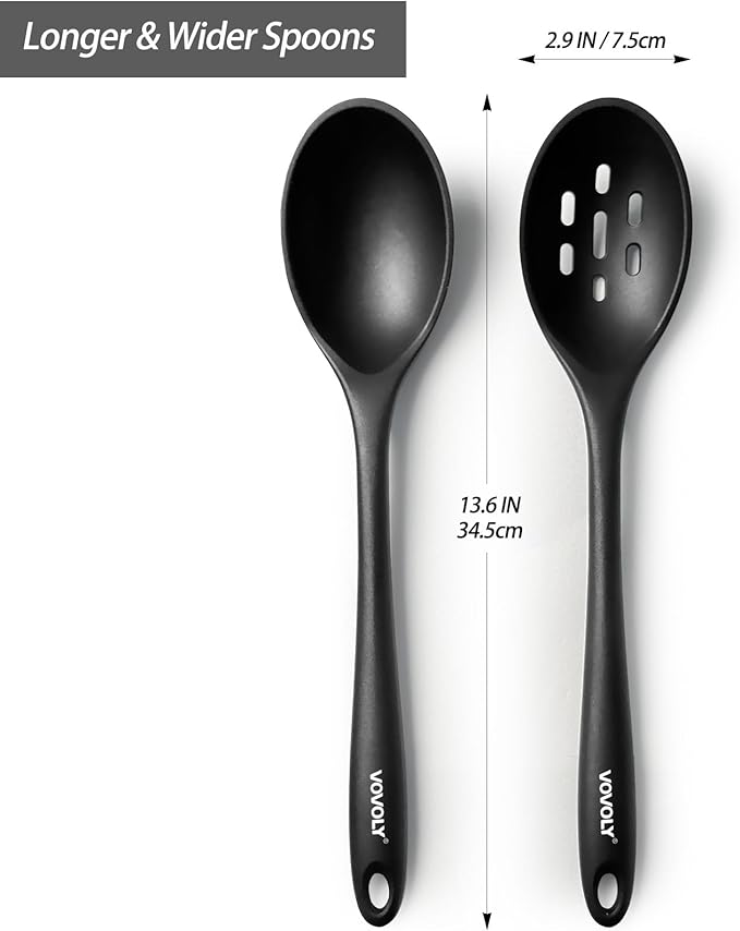 Silicone Spoons for Cooking - Extra Large Kitchen Spoons for Mixing, Serving, & Stirring - 600째F Heat-Resistant Non Stick Utensils Ladle & Skimmer- Dishwasher Safe, Black